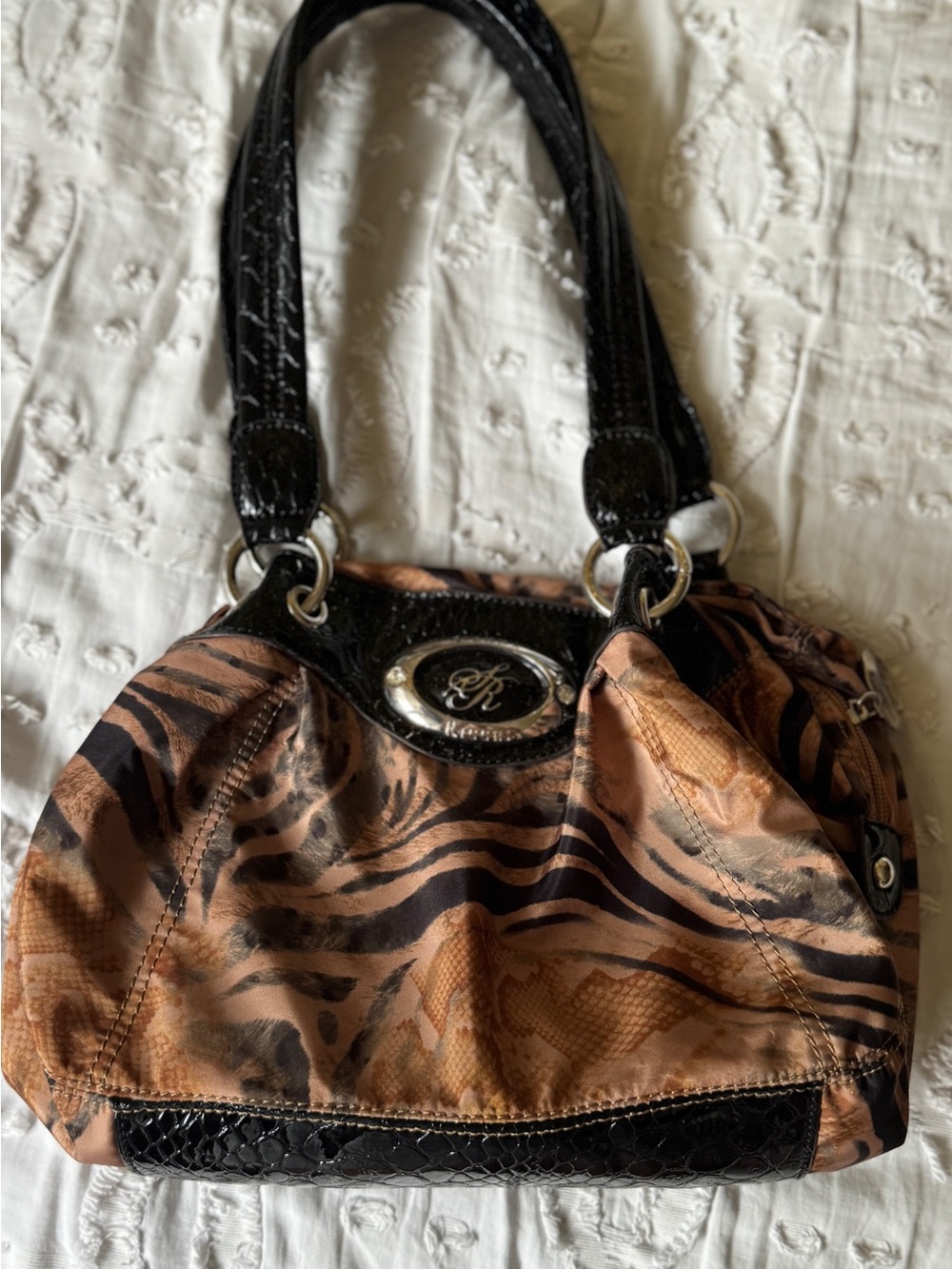 Sienna Ricchi Copper Brown Animal-Print Shoulder Bag with Black Straps